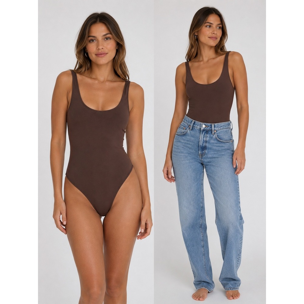 SKIMS Essential Scoop Neck Bodysuit Oxide Brown S/M Seamless Tank Snap Crotch